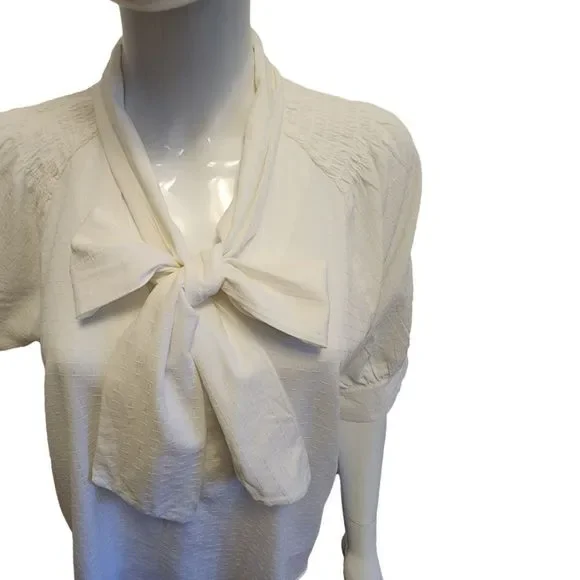 Ann Taylor Ivory Short Sleeve Neck Tie Blouse, Medium - Picture 6 of 15
